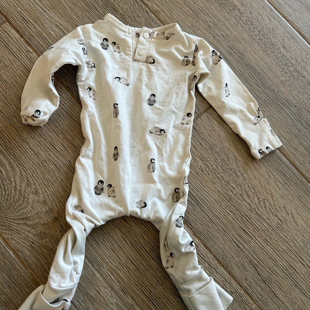 SweetHoney Cream Penguin-Print Footed One-Piece